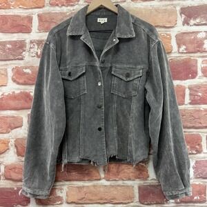 POL Jacket Women's Large Gray Corduroy Distressed Faded Worn Look Trucker
